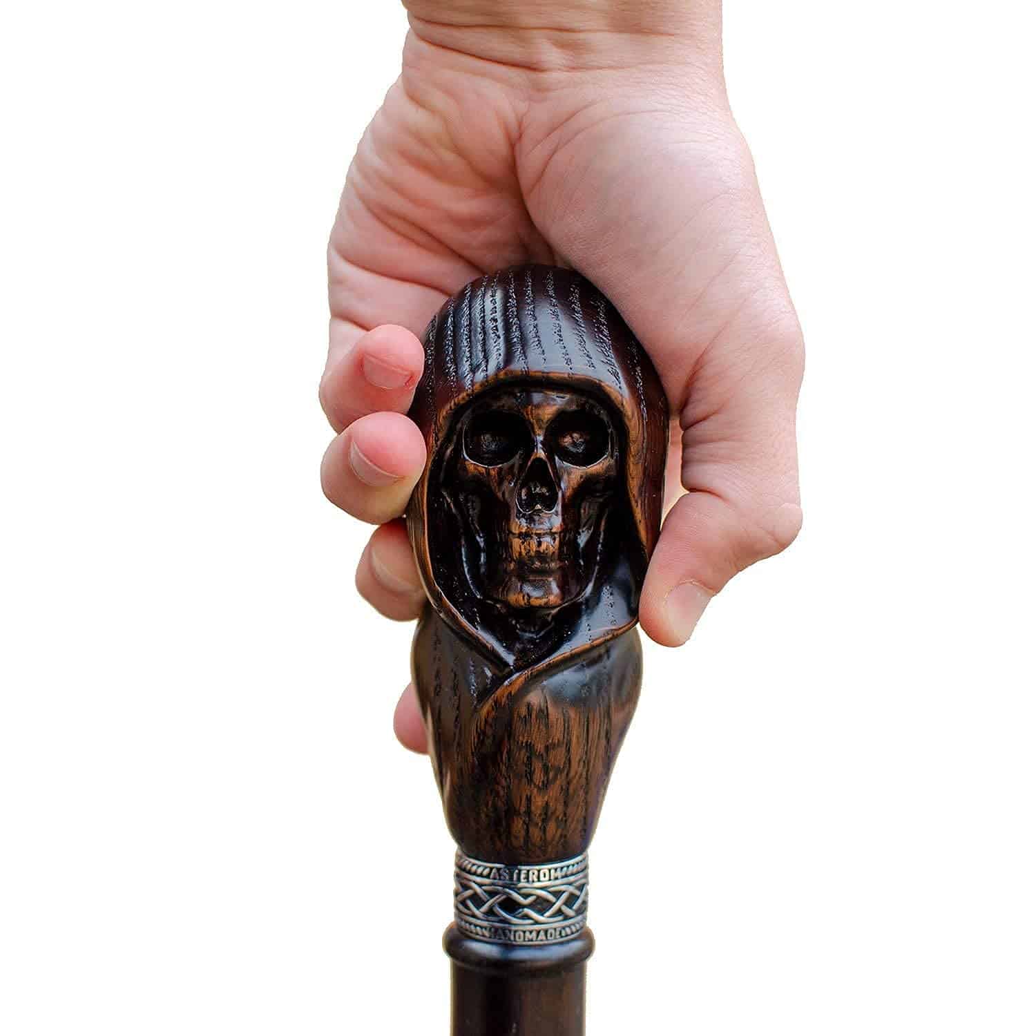 Custom Hooded Skull Walking Cane Sturdy Fully Carved Stick - Image 3