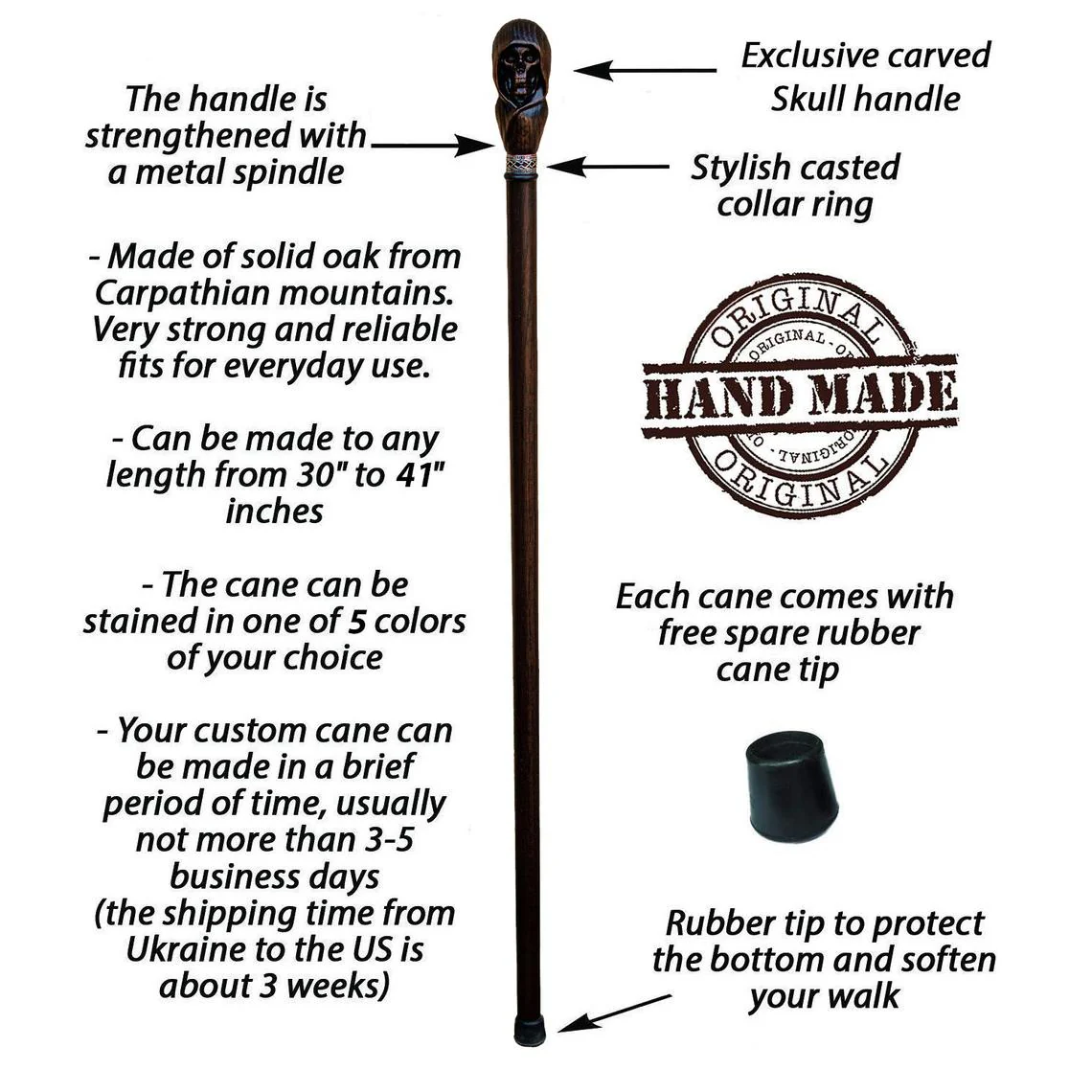 Custom Hooded Skull Walking Cane Sturdy Fully Carved Stick - Image 4