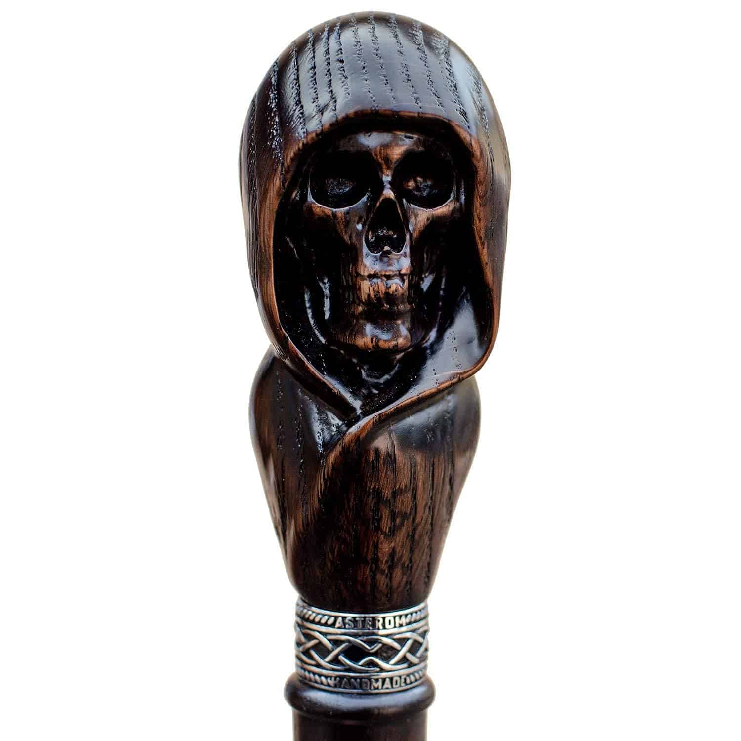 Custom Hooded Skull Walking Cane Sturdy Fully Carved Stick - Image 9